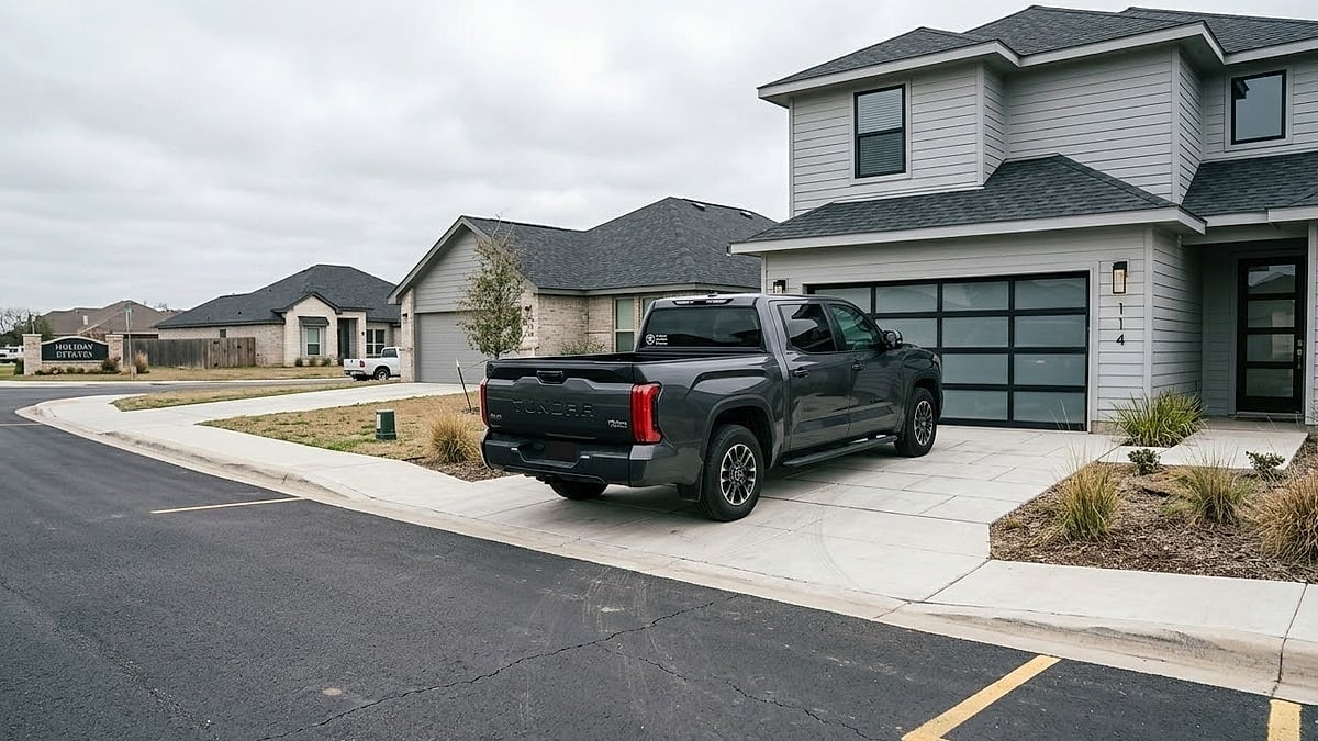 Travis Clays 2023 Toyota Tundra in his driveway in a new suburban neighborhood in Holiday Texas