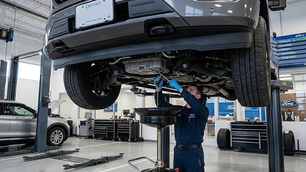 Waterloo Ford technician works directly under a 2022 F-150’s 5.0L oil pan during the April 5, 2026, seasonal service rush