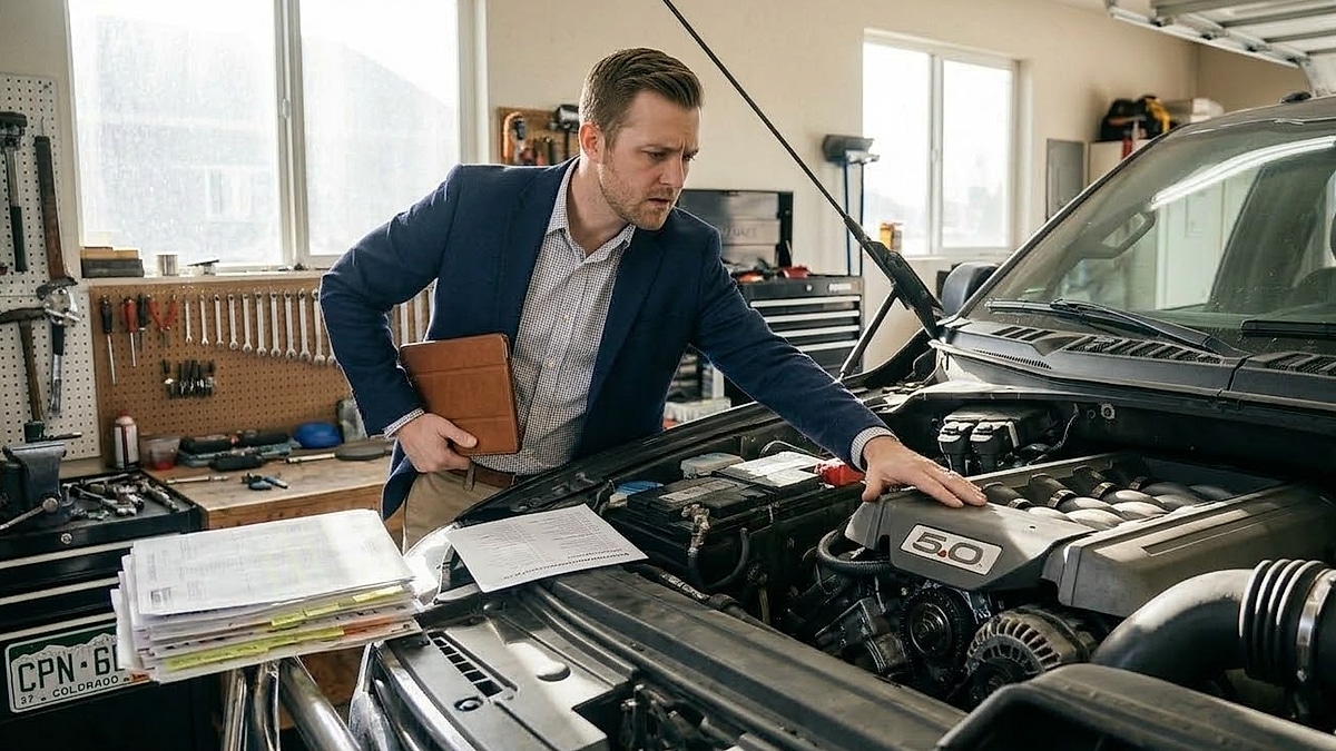 William LaFave looking under the hood of his Ford F-150 truck