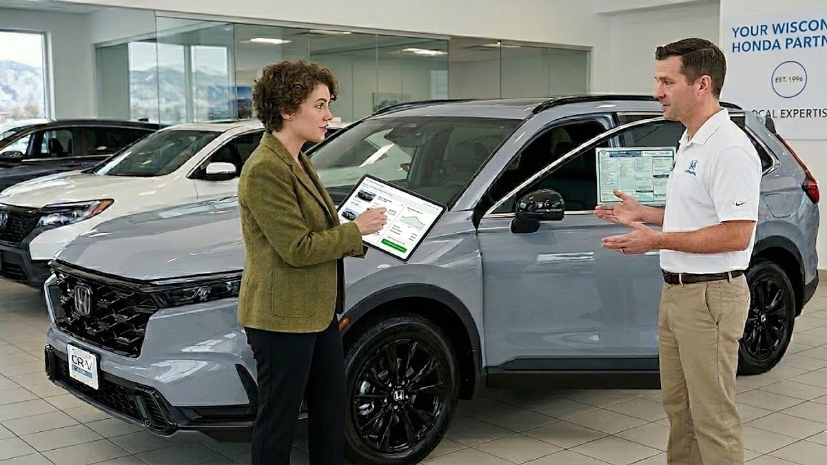 Wisconsin Honda buyer uses tablet with firm out-the-door price data to negotiate 2026 Honda CR-V Sport-L hybrid