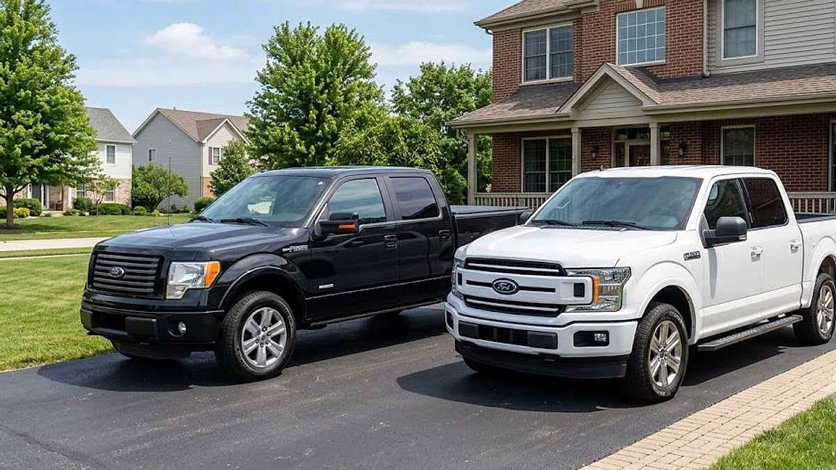 A 2013 Ford F-150 3.5L and a 2020 Ford F-150 5.0L parked in a suburban driveway before being replaced with a 2026 Ram Rebel