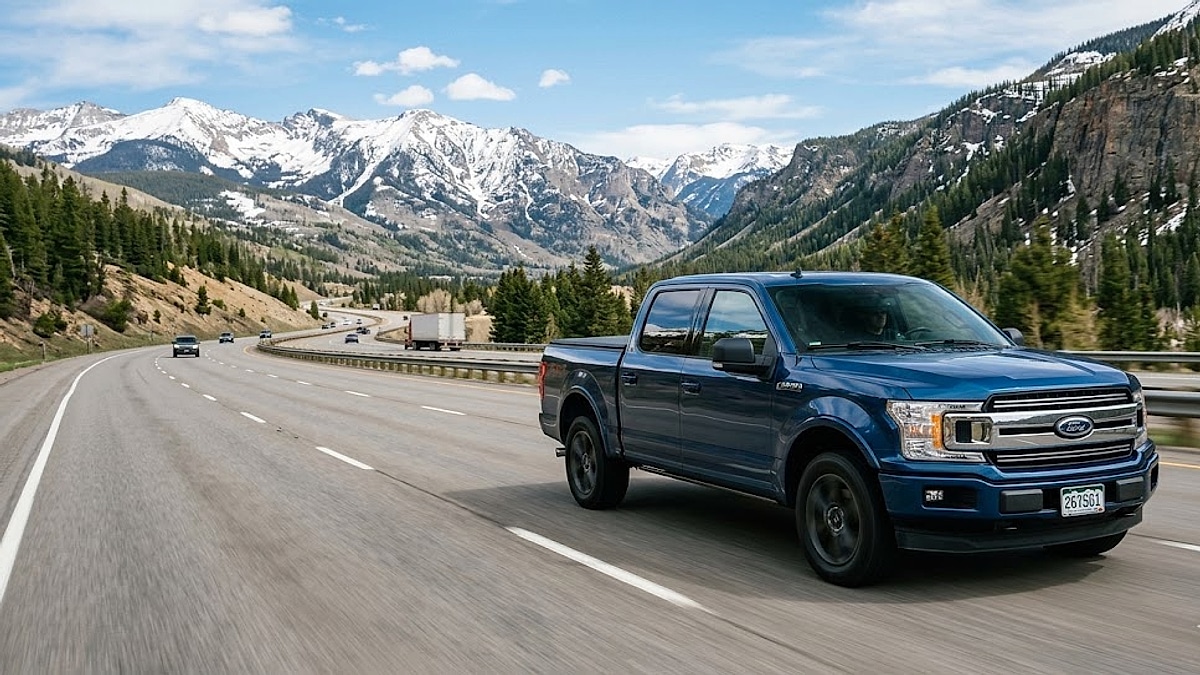 A 2020 Ford F-150 powered by a Gen 3 5.0L Coyote V8 engine cruises along a scenic Colorado highway