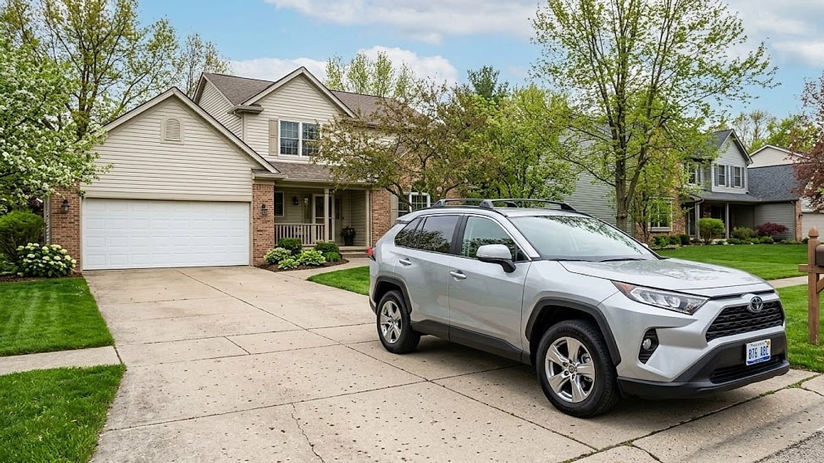 A 2021 silver Toyota RAV4 gas model sits in a clean suburban driveway, representing the fifth-generation mid-lifecycle owner choice