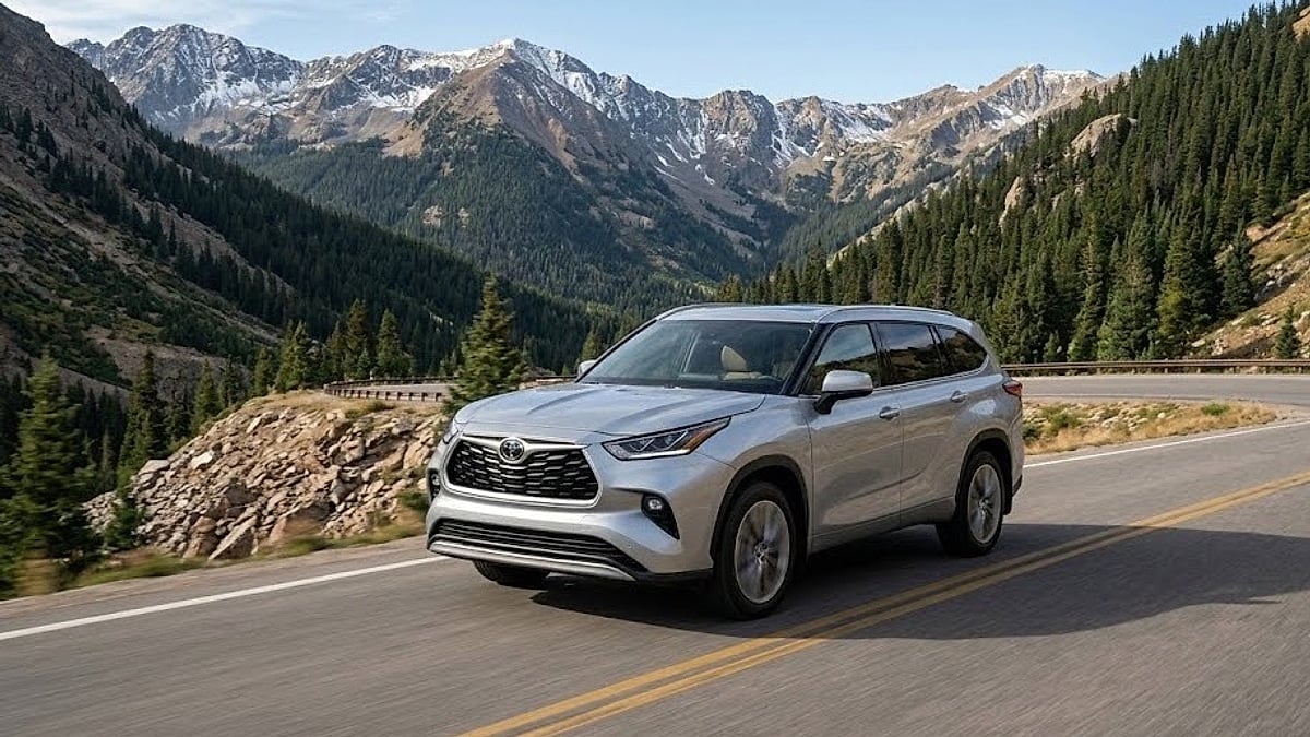 A 2021 Toyota Highlander maneuvers along a steep Colorado mountain highway, testing powertrain performance and thermal limits under high-altitude conditions