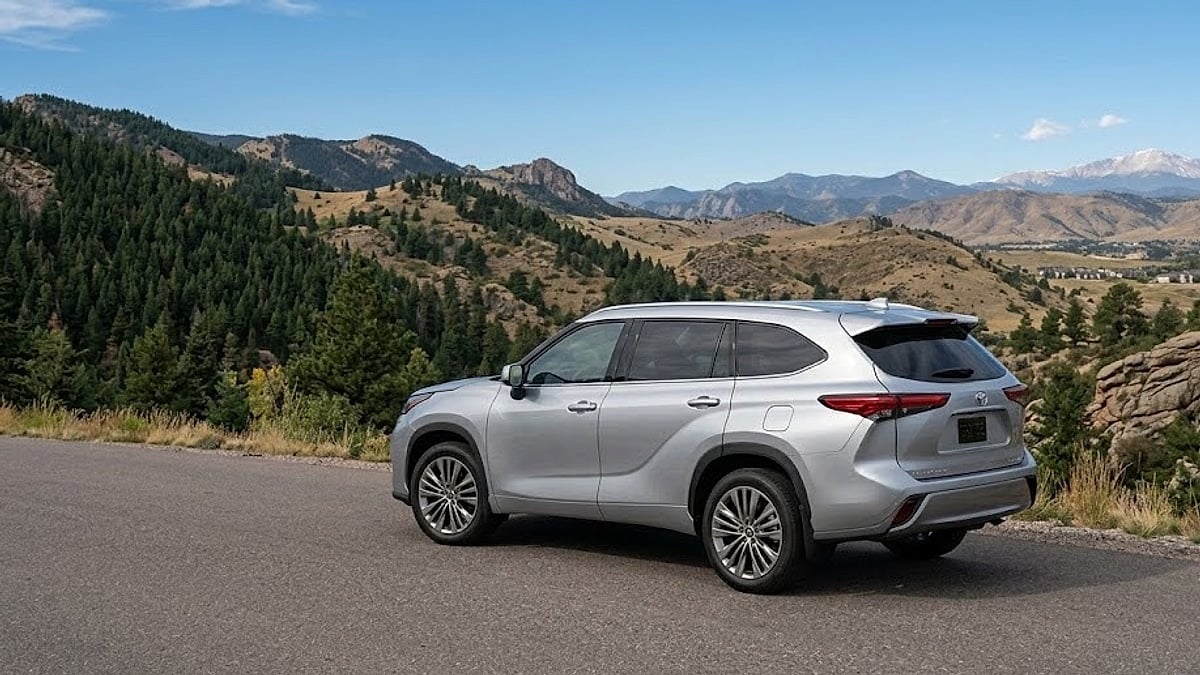 A 2021 Toyota Highlander navigates a winding asphalt road through the rugged Colorado foothills, evaluating chassis handling and suspension dynamics