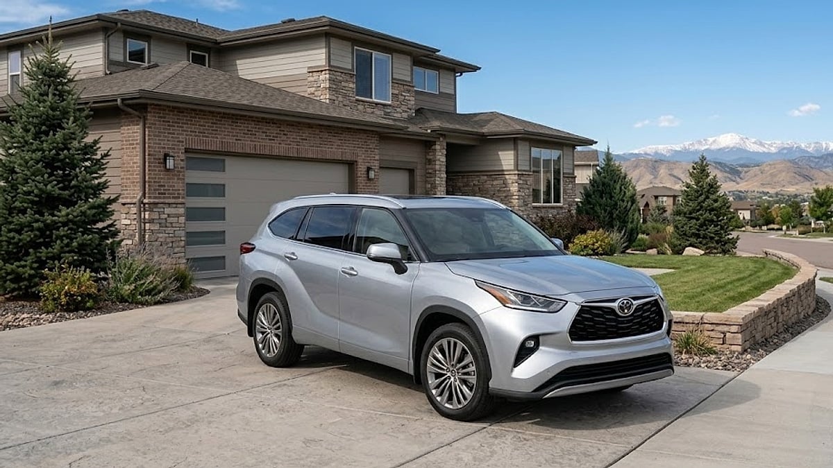 A 2021 Toyota Highlander sits parked in a suburban Colorado driveway, reflecting standard residential use before undergoing long-term reliability evaluation