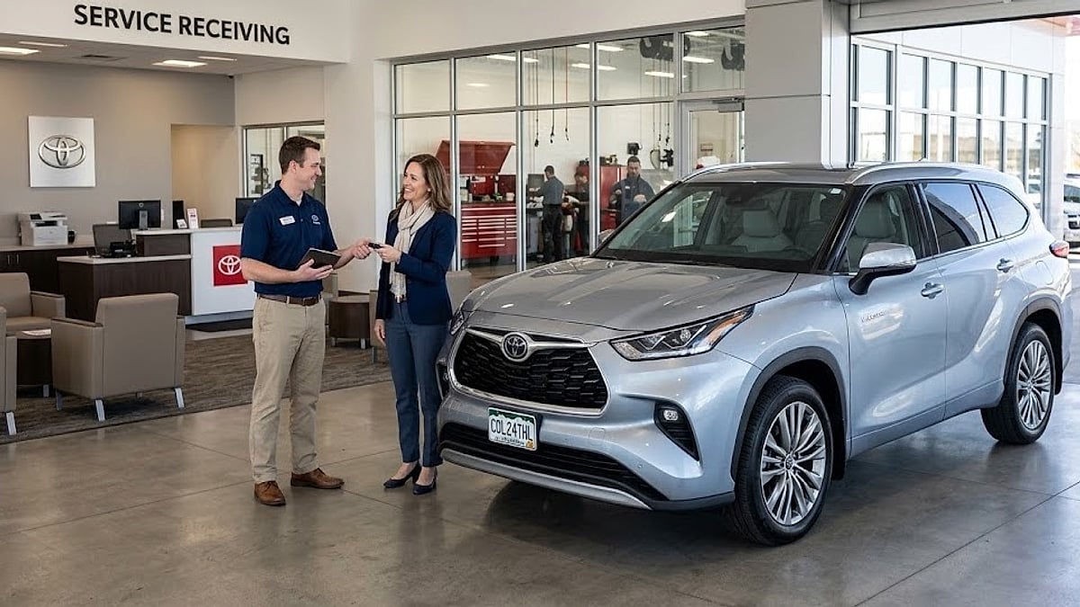 A 2024 Toyota Highlander owner hands keys to a service advisor at the dealership Service Receiving counter for scheduled vehicle maintenance