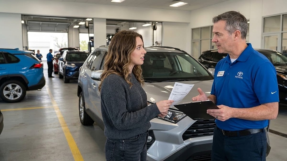 A 2024 Toyota RAV4 owner discusses a high dealer maintenance quote with a service advisor during a 30,000-mile check-up