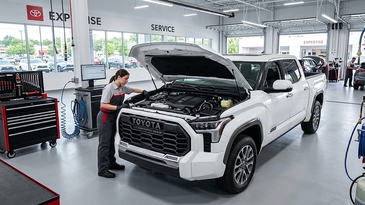 A 2024 Toyota Tundra stands with its hood up in a modern dealership service bay during a technical diagnostic inspection