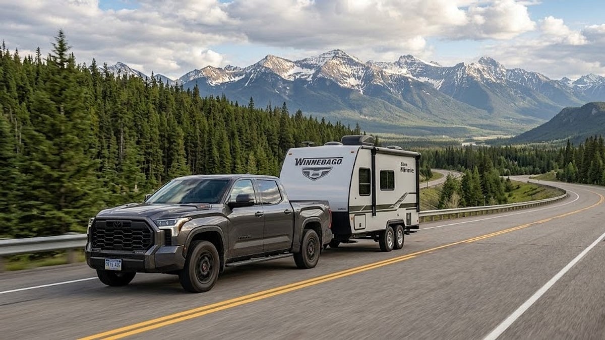 A 2024 Toyota Tundra towing a Winnebago Minnie travel trailer along a winding Montana highway with snow-capped mountains behind