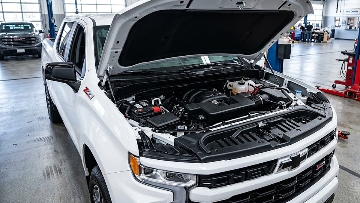 A 2025 Chevy Silverado 5.3L V8 sits in a dealership service bay with its hood open for valvetrain inspection