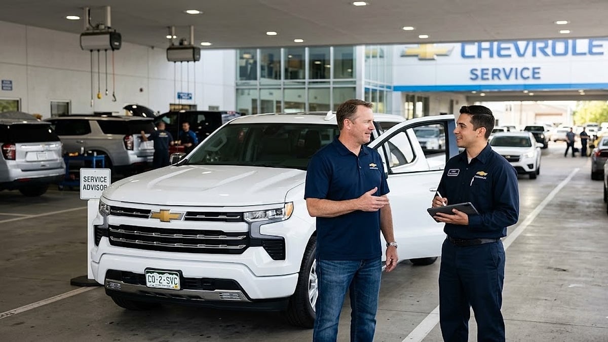 A 2025 Chevy Silverado owner discusses V8 engine lifter concerns with a service advisor on a busy dealership drive
