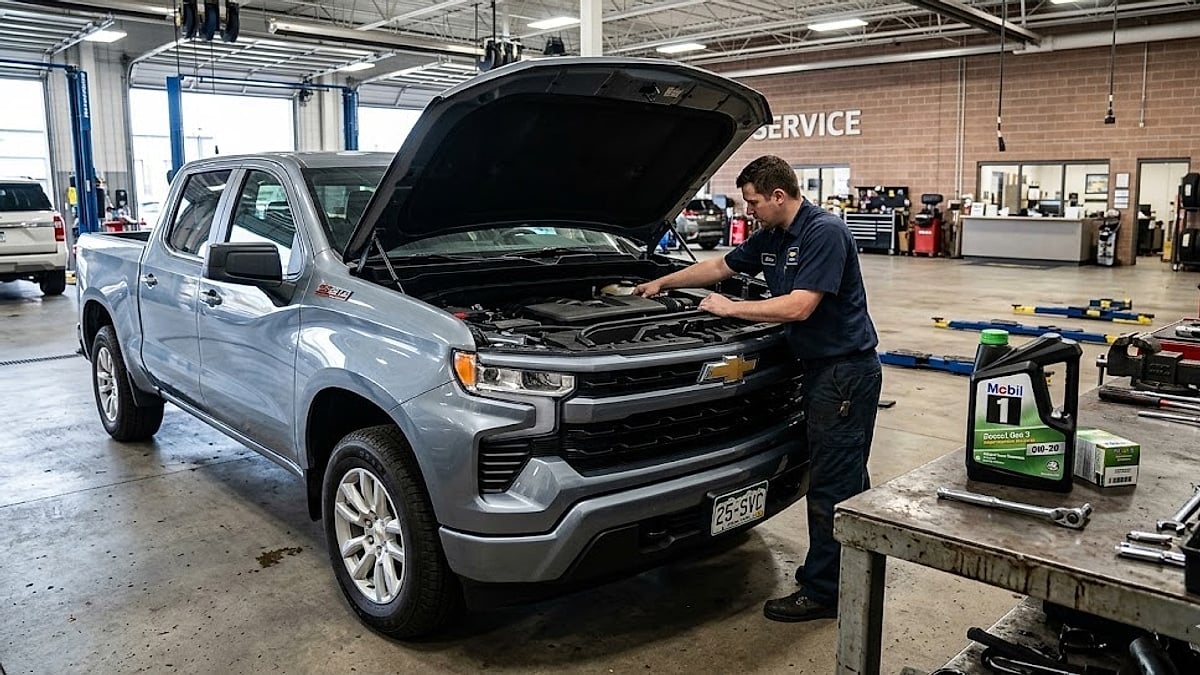 A 2025 Chevy Silverado undergoing V8 lifter failure diagnostic service in a dealership bay with 0W-20 Dexos1 engine oil
