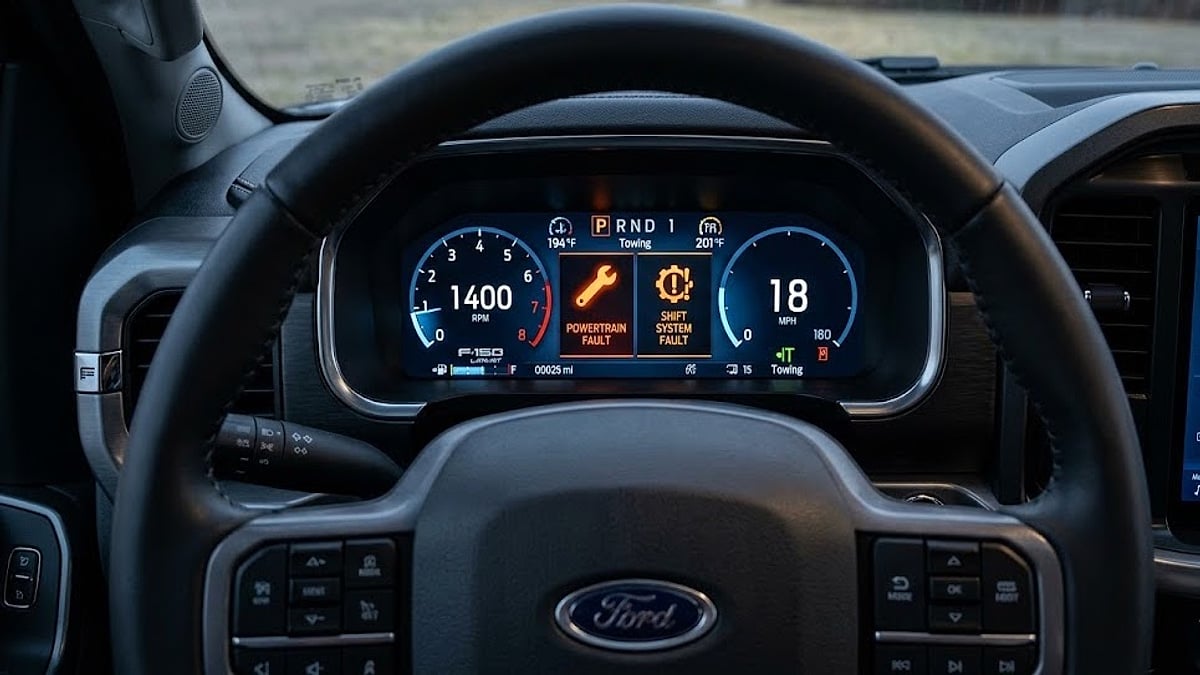 A 2025 Ford F-150 digital instrument cluster displays a critical orange wrench powertrain fault and shift system error message