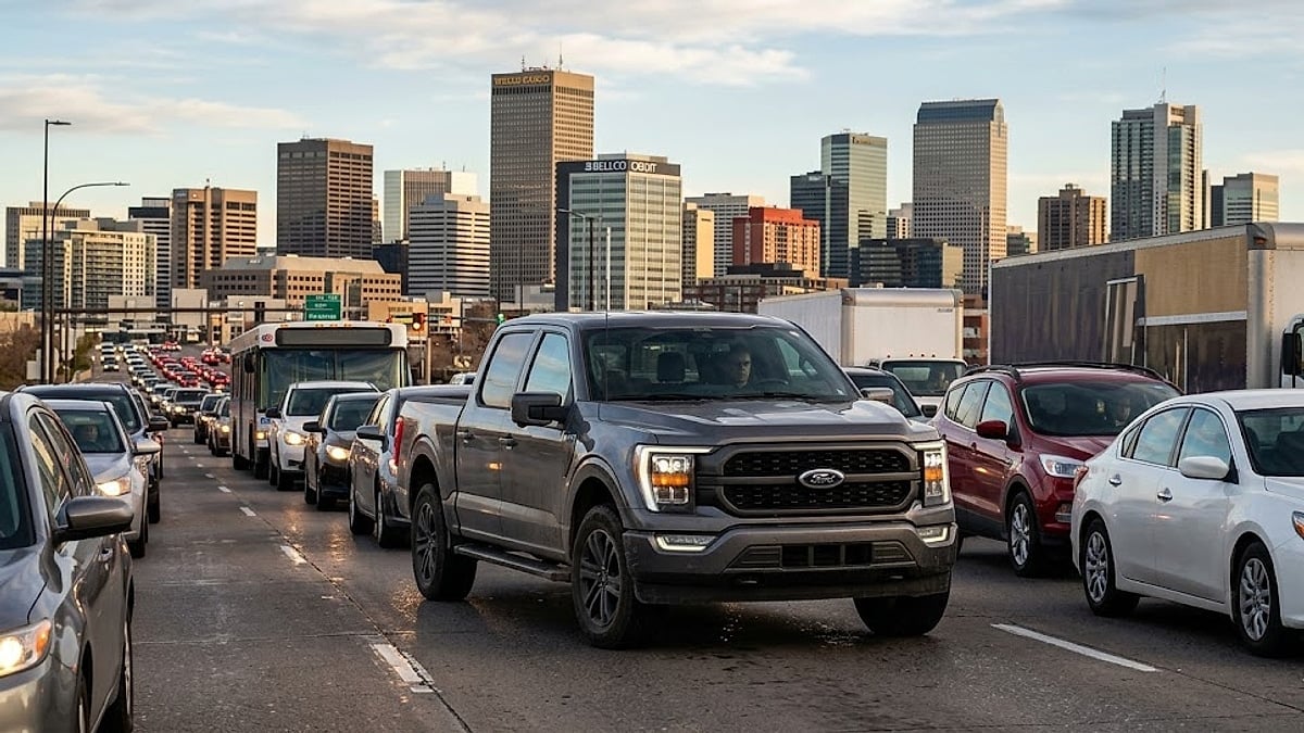 A 2025 Ford F-150 navigates dense, high-idle stop-and-go commuter traffic with the Denver skyline in the background