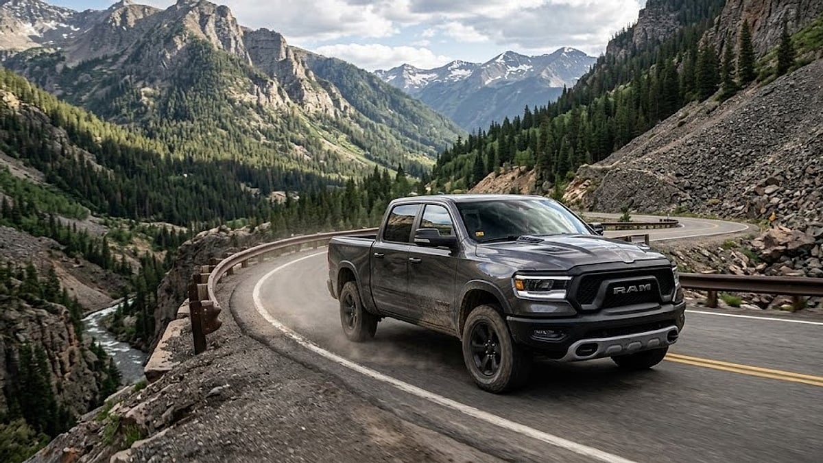 A 2025 Ram Rebel driving along one of Colorado's brutal mountain corridors