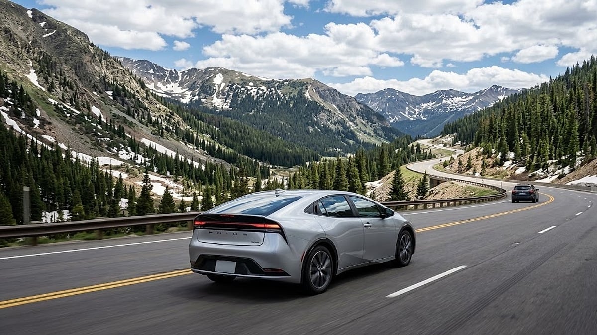 A 2025 Toyota Prius navigates the high-altitude curves of Colorado's Vail Pass, showcasing aerodynamic efficiency during mountain performance testing
