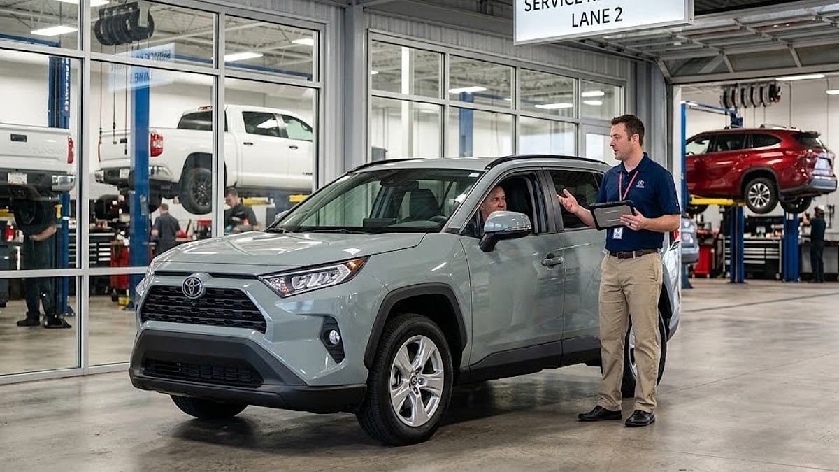 A 2025 Toyota RAV4 owner discusses a lengthy 4-hour first service at a busy dealership lane with a service advisor