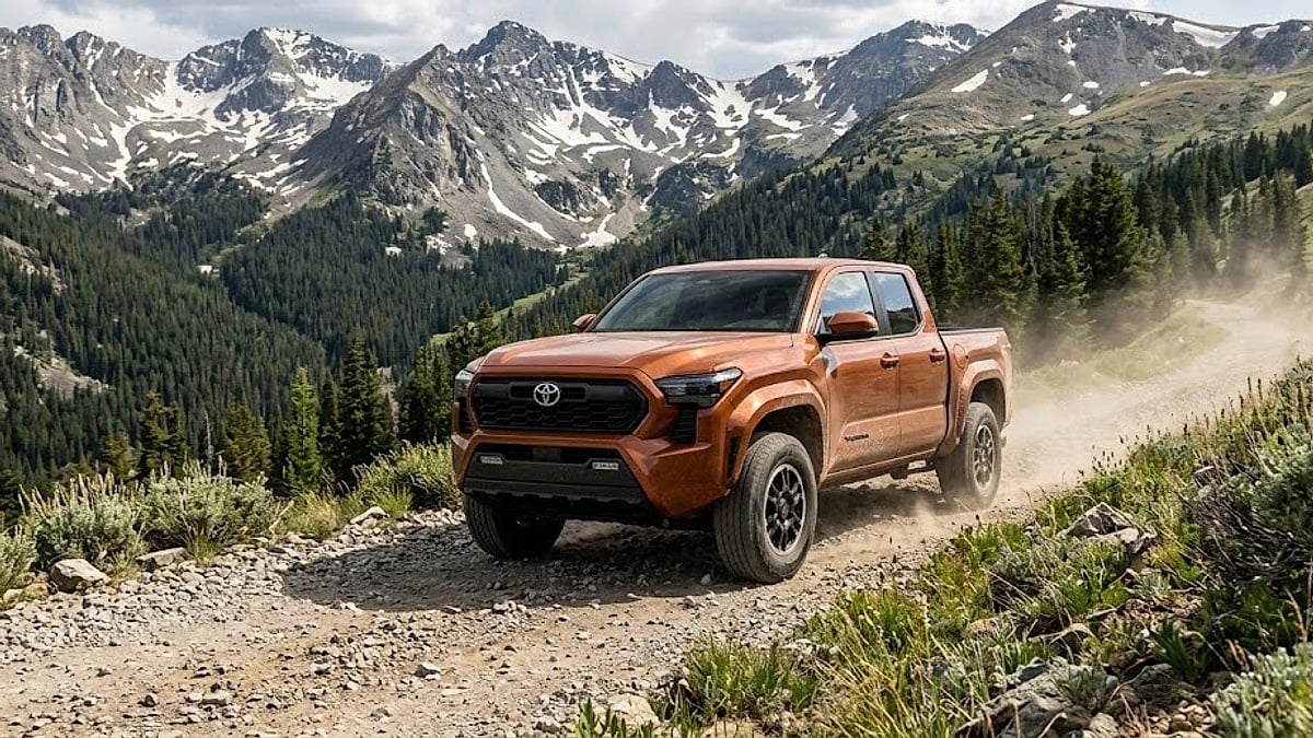 A 2025 Toyota Tacoma kicks up dust on a rugged Colorado mountain pass, showcasing real-world truck performance in severe high-altitude environments
