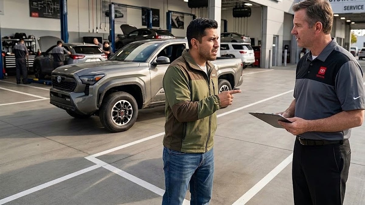 A 2025 Toyota Tacoma owner discusses a broken door handle claim with a service advisor inside a dealership service bay-optimized