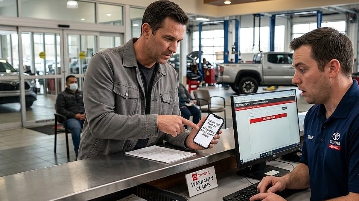 A 2025 Toyota Tacoma owner presents a phone showing an official AC chirp technical service bulletin to a modern dealership service advisor