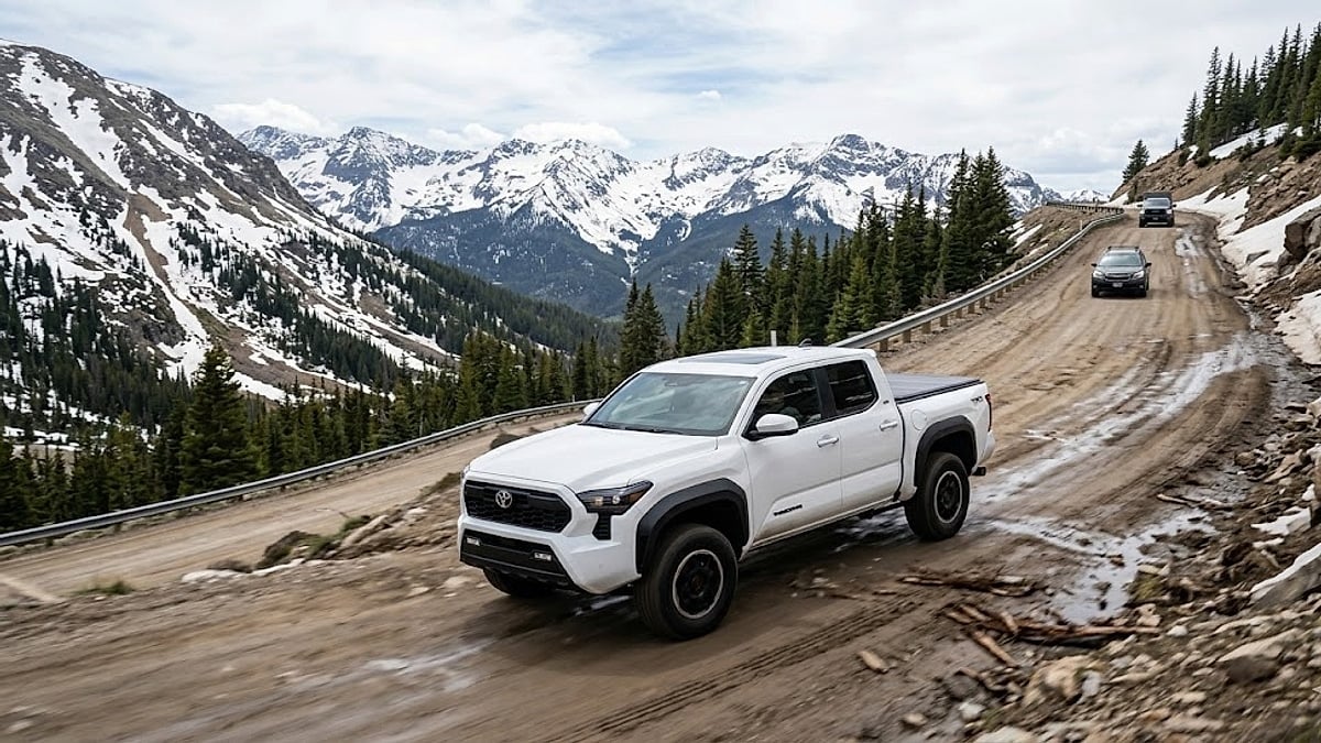 A 2025 Toyota Tacoma TRD Off-Road 4x4 pickup truck drives on a steep dirt road with snow and surrounding mountains