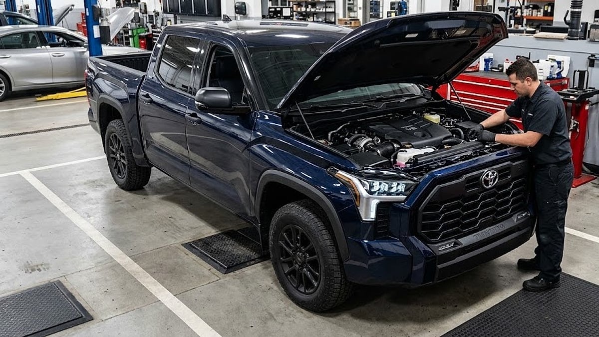 A 2025 Toyota Tundra sits in a dealership service bay with its hood raised for a complex twin-turbo V6 engine inspection