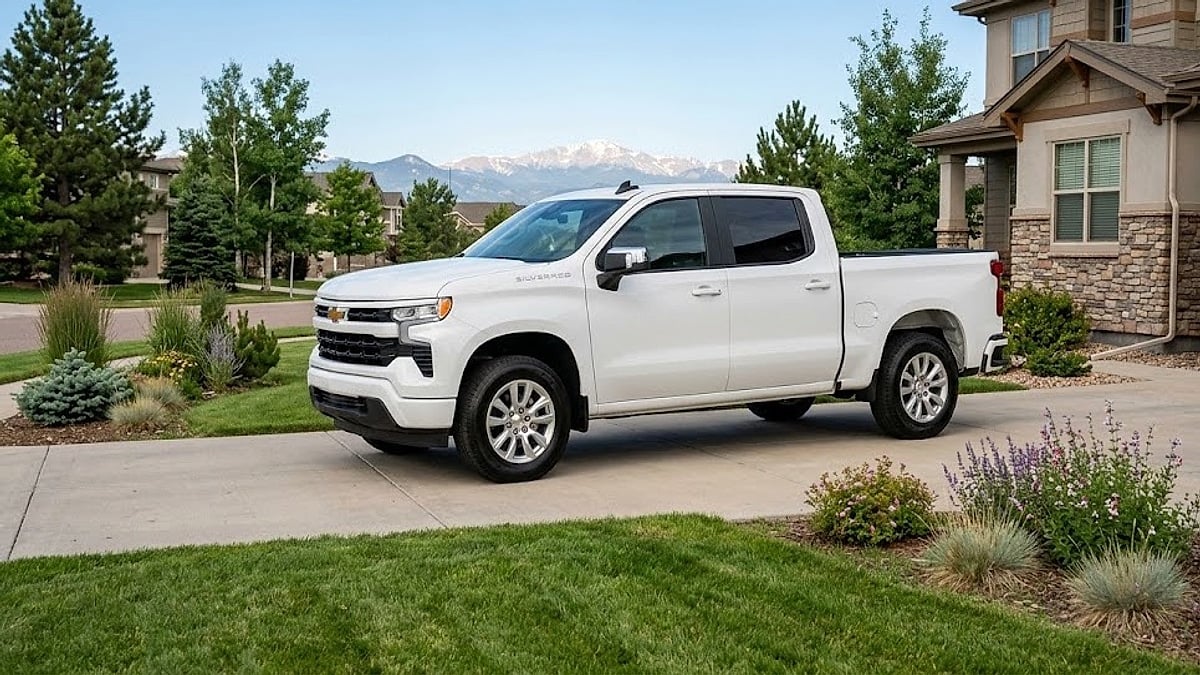 A 2026 Chevrolet Silverado 1500 Crew Cab truck is parked in a suburban Colorado driveway, featuring scenic Rocky Mountain views