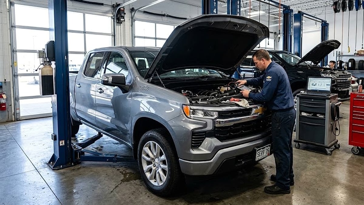 A 2026 Chevrolet Silverado 1500 sits in a Chevy dealer service bay on a lift with its hood open