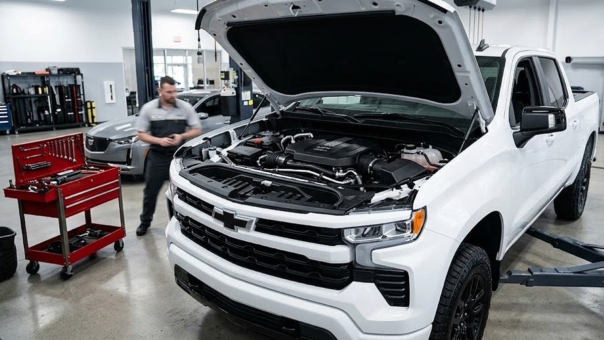 A 2026 Chevy Silverado, high-resolution and clean, rests with its hood up in a service bay, displaying the TurboMax engine