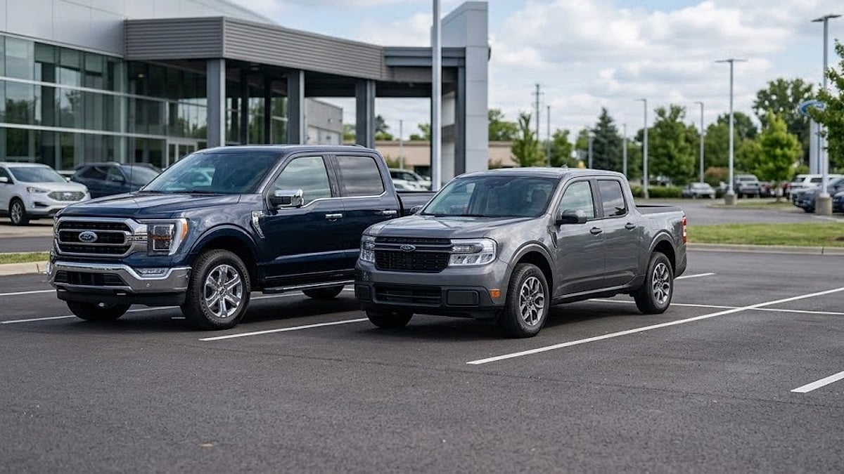 A 2026 Ford F-150 half-ton pickup parked alongside a compact Maverick Hybrid at a dealership, comparing truck sizes and real-world utility