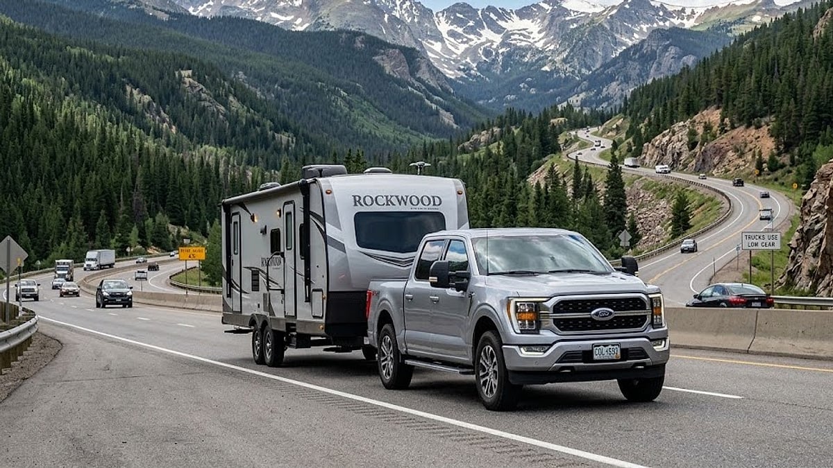 A 2026 Ford F-150 Lariat SuperCrew navigates the steep descent of Floyd Hill, Colorado, towing a Rockwood travel trailer while highlighting its capability and stability in challenging terrain