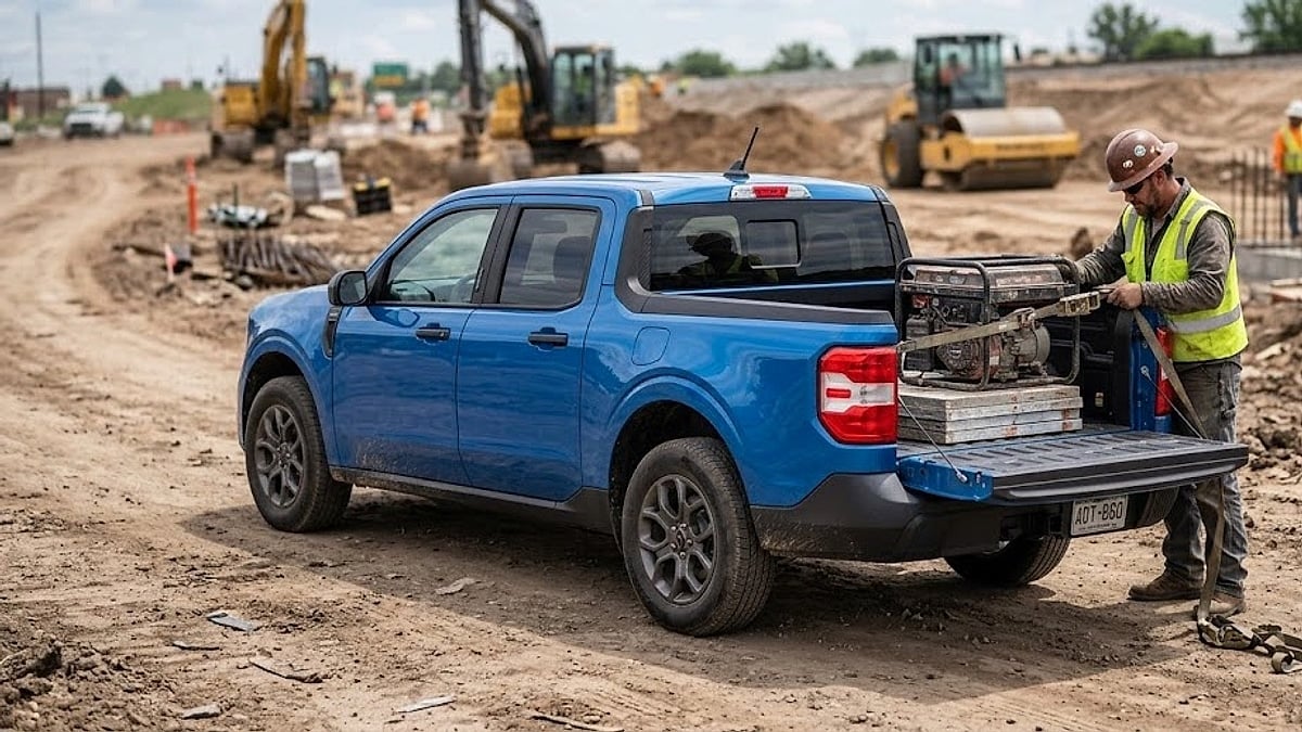 A 2026 Ford Maverick Hybrid being loaded on a work site