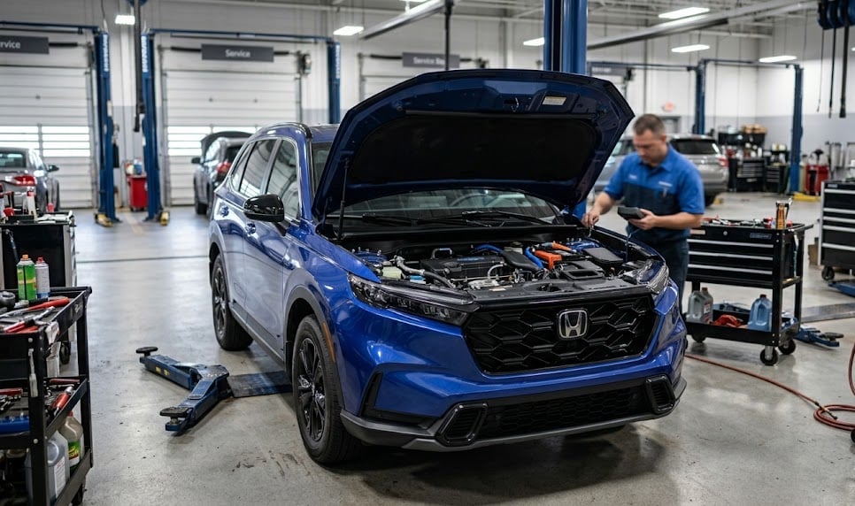 A 2026 Honda CR-V Hybrid undergoing a forensic technical inspection and diagnostic scan inside a certified Honda service bay