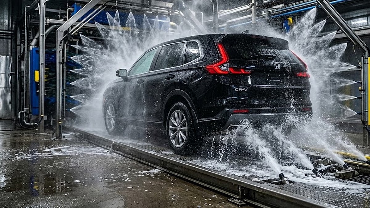 A 2026 Honda CR-V inside a commercial touchless car wash bay with powerful high-pressure jets blasting the lower panels and undercarriage-optimized