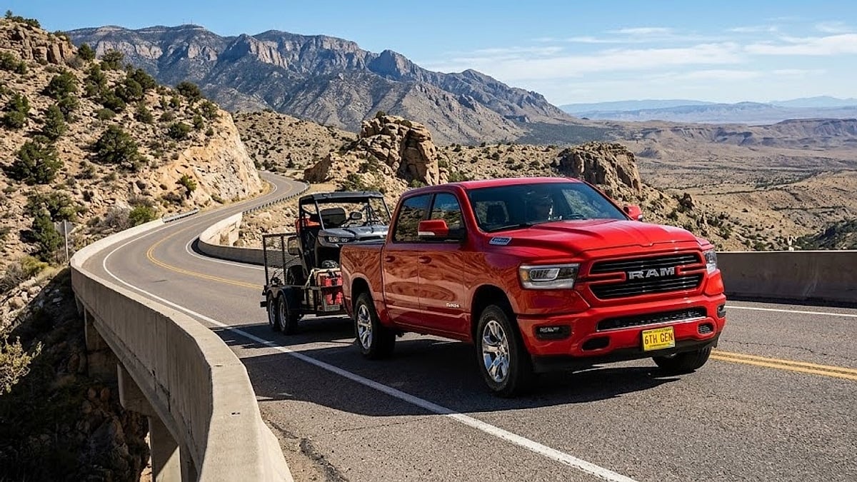 A 2026 Ram Big Horn Hurricane climbs a scenic New Mexico mountain highway while towing a 2,000-pound load under real-world testing