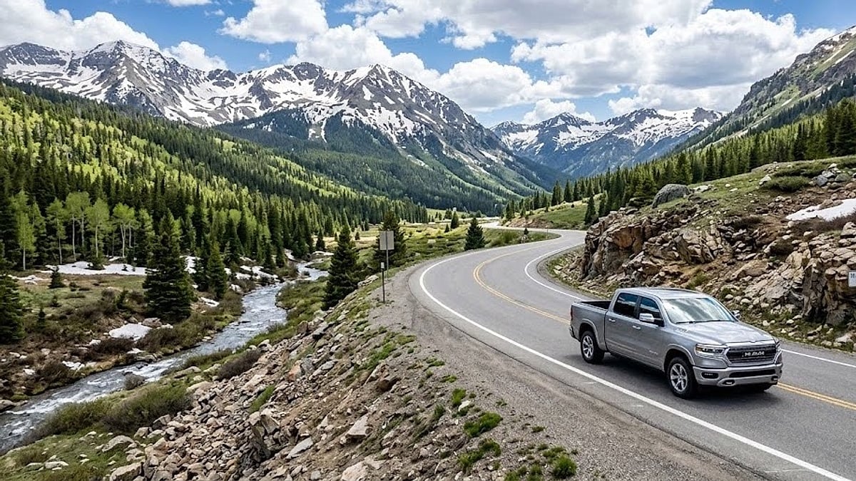 A 2026 Ram pickup truck travels along a winding two-lane mountain highway through the scenic Colorado Rockies under a bright sky
