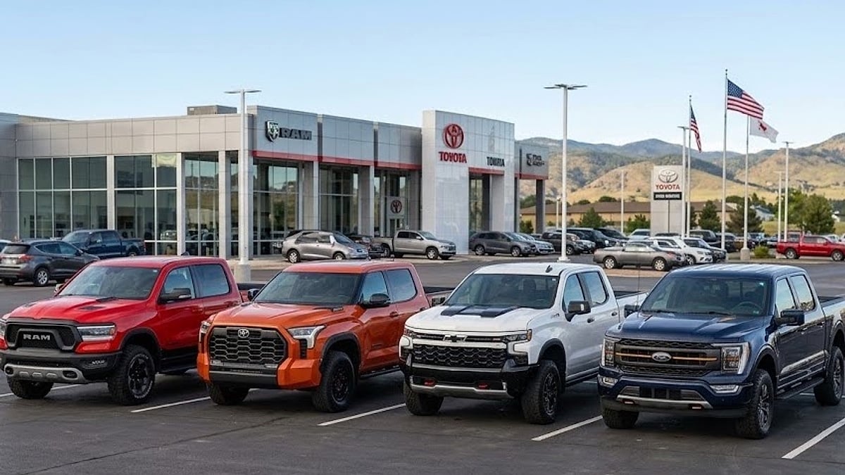 A 2026 RAM Rebel in red, Toyota Tundra TRD Pro in Solar Octane, Chevy Silverado ZR2 in White, and Ford F-150 Tremor in Blue are parked cleanly on a dealer lot for a side-by-side comparison in Parker, Colorado