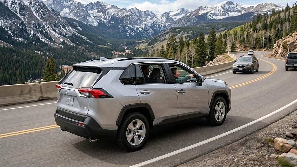 a 2026 Toyota RAV4 driving in the Colorado mountains on a test drive with potential buyers
