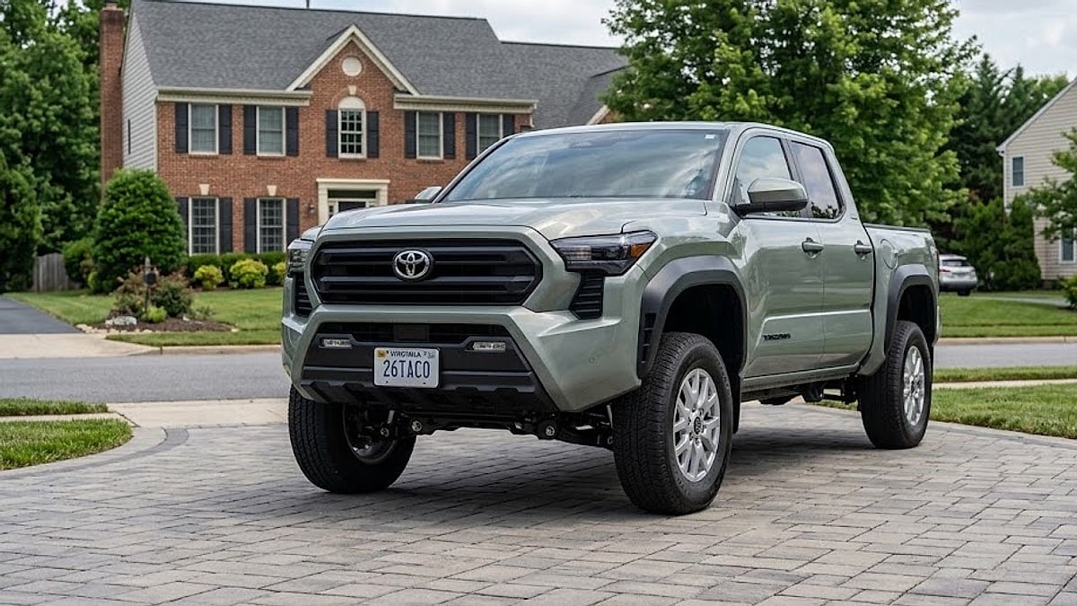 A 2026 Toyota Tacoma modified with a professional 3-inch suspension lift, showing increased ground clearance on a Virginia driveway