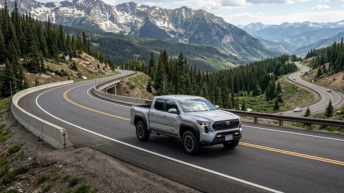A 2026 Toyota Tacoma navigates the steep, winding mountain highway curves of Vail Pass, Colorado under partly cloudy skies