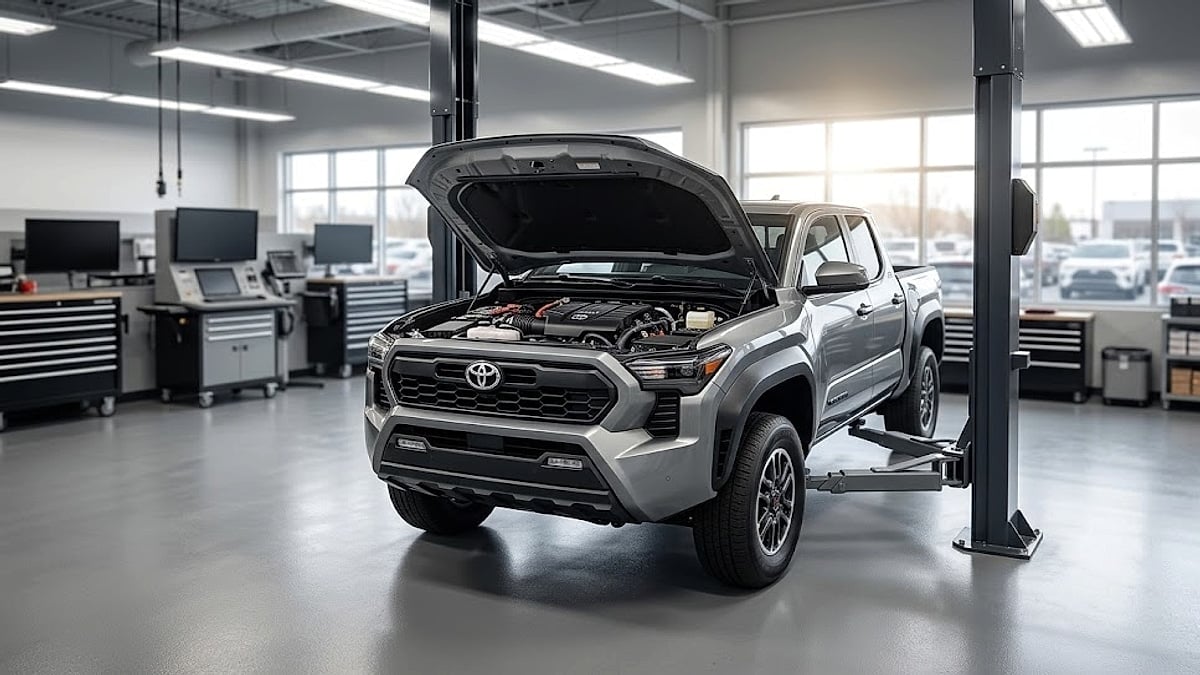 A 2026 Toyota Tacoma sits on a service bay lift with its hood open for a critical powertrain inspection
