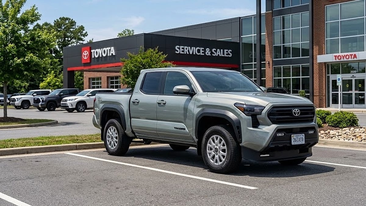 A 2026 Toyota Tacoma SR5 4WD parked outside a modern dealership service bay, showcasing its factory ride height and front suspension