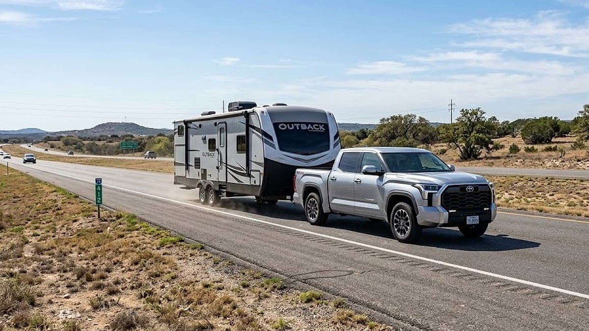 A 2026 Toyota Tundra hauls a large travel trailer through the arid, rolling hills of the Texas Hill Country