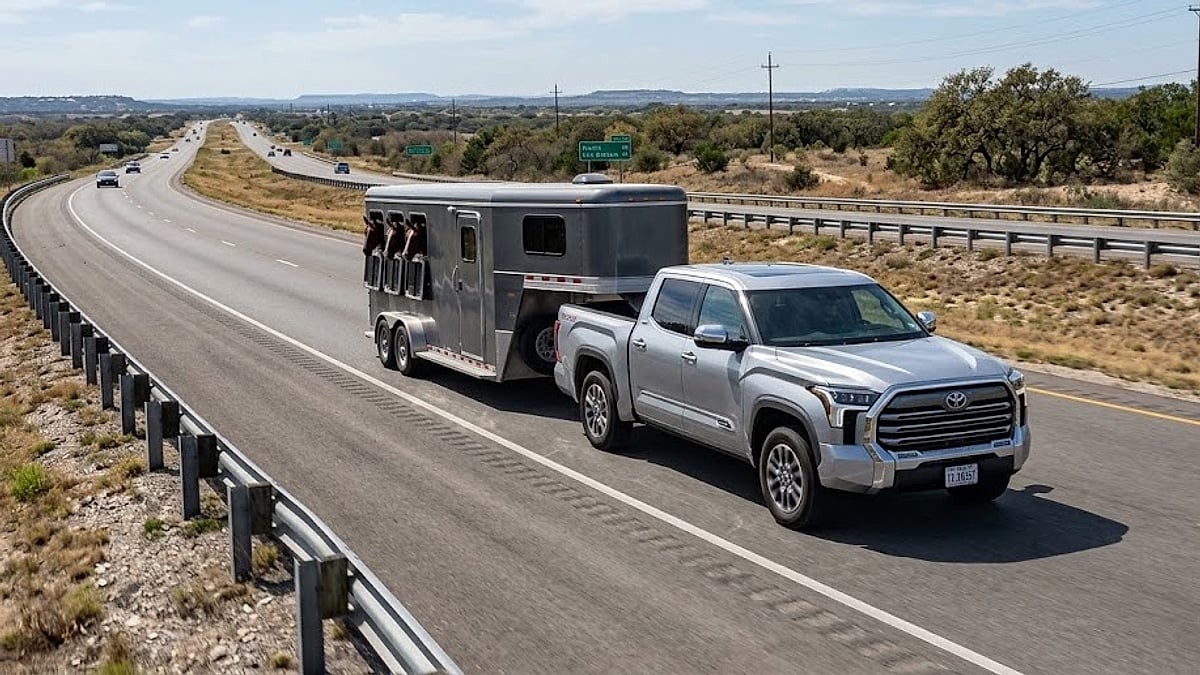 A 2026 Toyota Tundra hauls a three-horse bumper-pull trailer along a sunny Texas highway, showcasing its dynamic towing capabilities