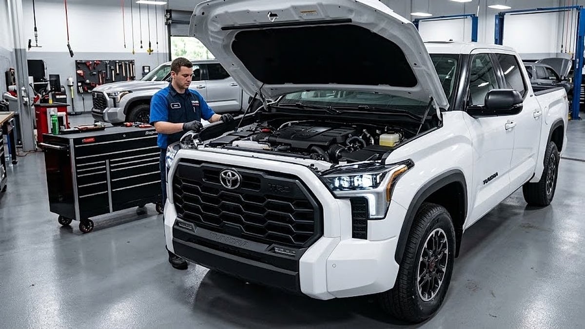 A 2026 Toyota Tundra undergoes an engine recall inspection inside a dealership service bay with its hood raised for diagnostics