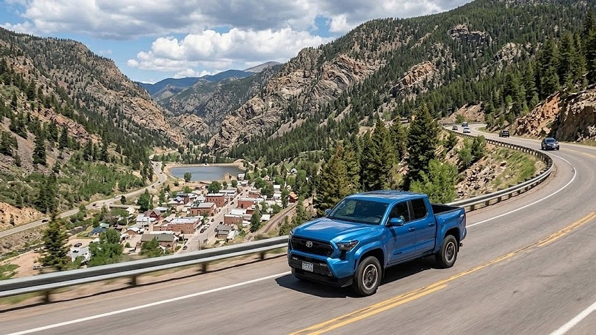 A 4th-Gen Toyota Tacoma climbs Georgetown Hill, Colorado, testing powertrain calibration maps and transmission fluid thermal loads at high altitude