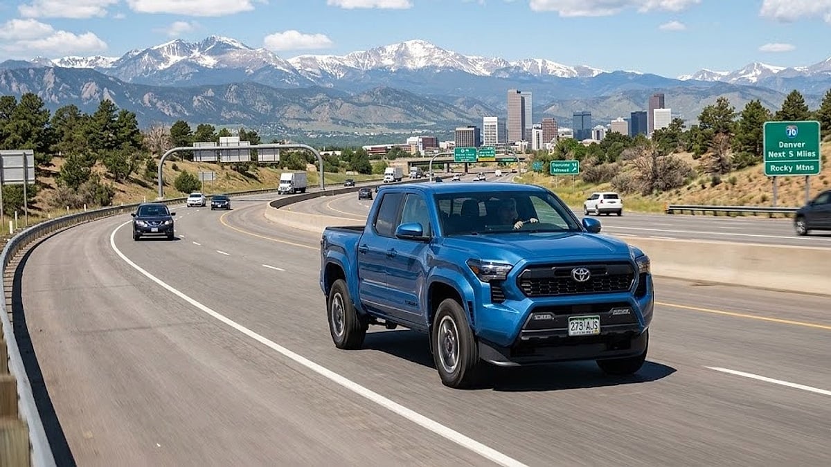 A 4th-Gen Toyota Tacoma navigates Colorado highways under high-altitude conditions, testing powertrain load limits and electronic transmission calibration software maps
