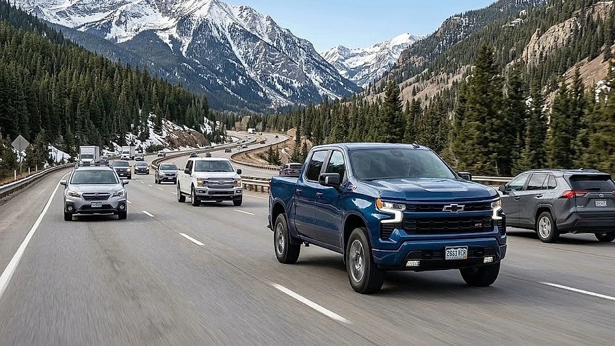 A beautiful Chevrolet Silverado driving on a busy highway