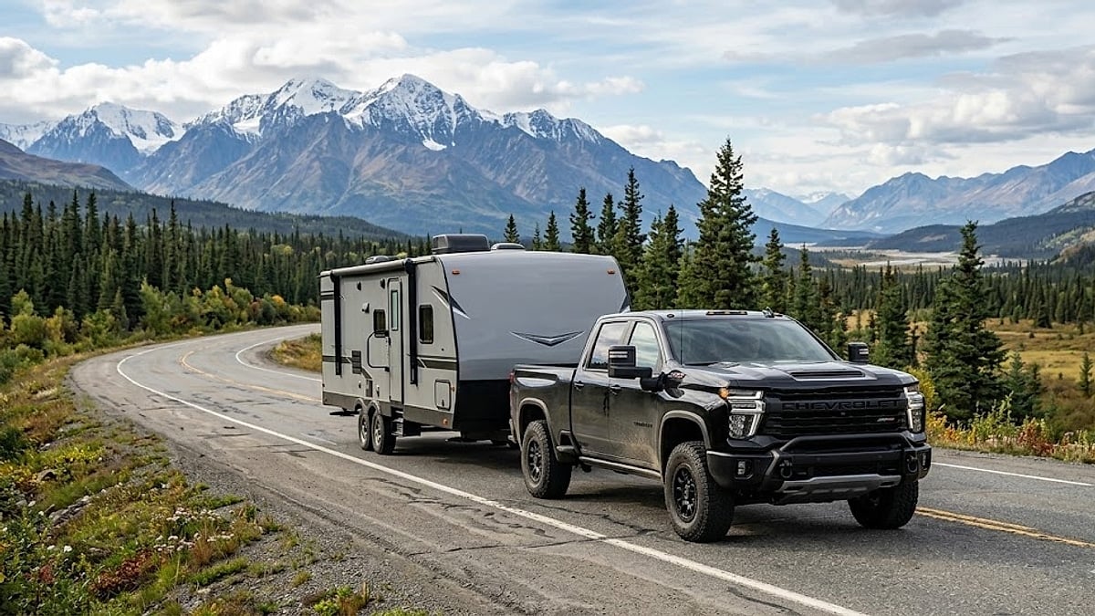 A black 2025 Chevy Silverado HD ZR2 Bison 6.6L travels an Alaskan highway towing a large enclosed trailer, surrounded by forests and snow-capped mountains
